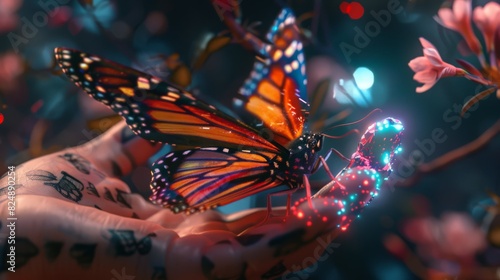 A surrealism butterfly responds to a hand equipped with biosensor technology, symbolizing the convergence of the Metaverse, Web3, and blockchain. This conceptual photo illustrates  photo
