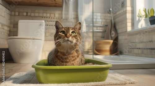 A plump cat finishing its business in a litter box, with a satisfied expression, in a clean and well-decorated bathroom. © Plaifah