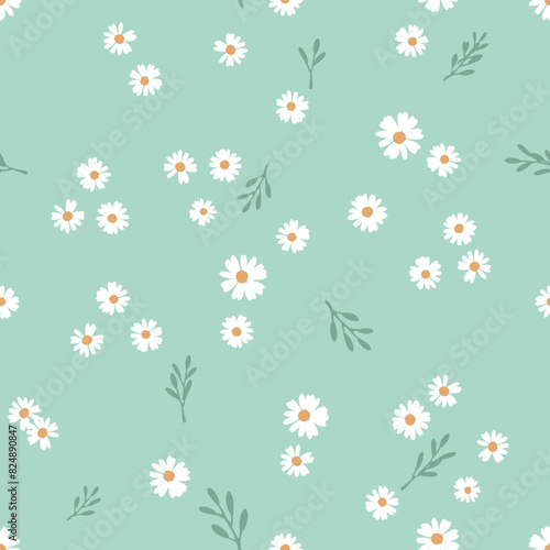 Seamless pattern with daisy flower and branches on green background vector. © Thanawat