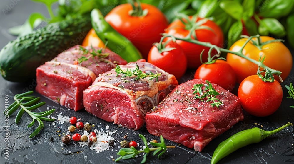   Raw meat sits on the cutting board, accompanied by green peppers and tomatoes