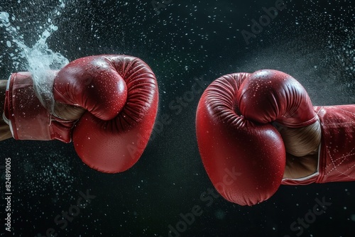 Two red boxing gloves collide, creating a dynamic water splash against a dark background © anatolir