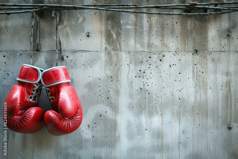 Pair of red boxing gloves hangs from a hook against a textured concrete wall, symbolizing strength and determination