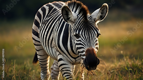 A zebra grazing on grass with a blurred background