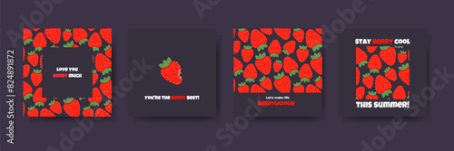 Set of cute summer cards with red strawberries with funny phrases. Vector illustration on dark background