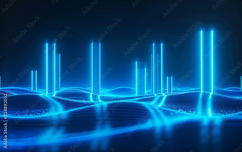 Glowing blue digital landscape with rising neon bars and smooth dark surfaces.