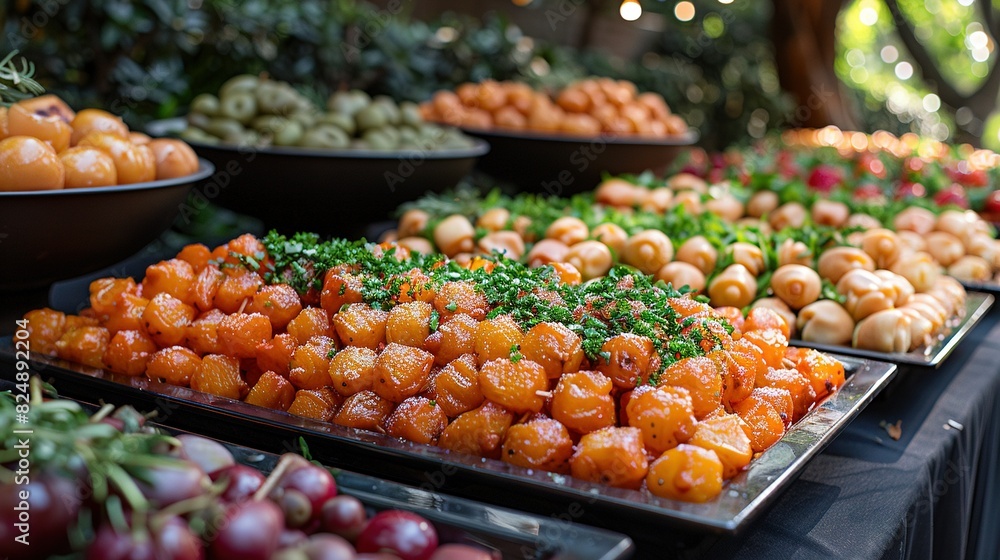   Oranges and other fruits on trays, surrounded by trees in a forest