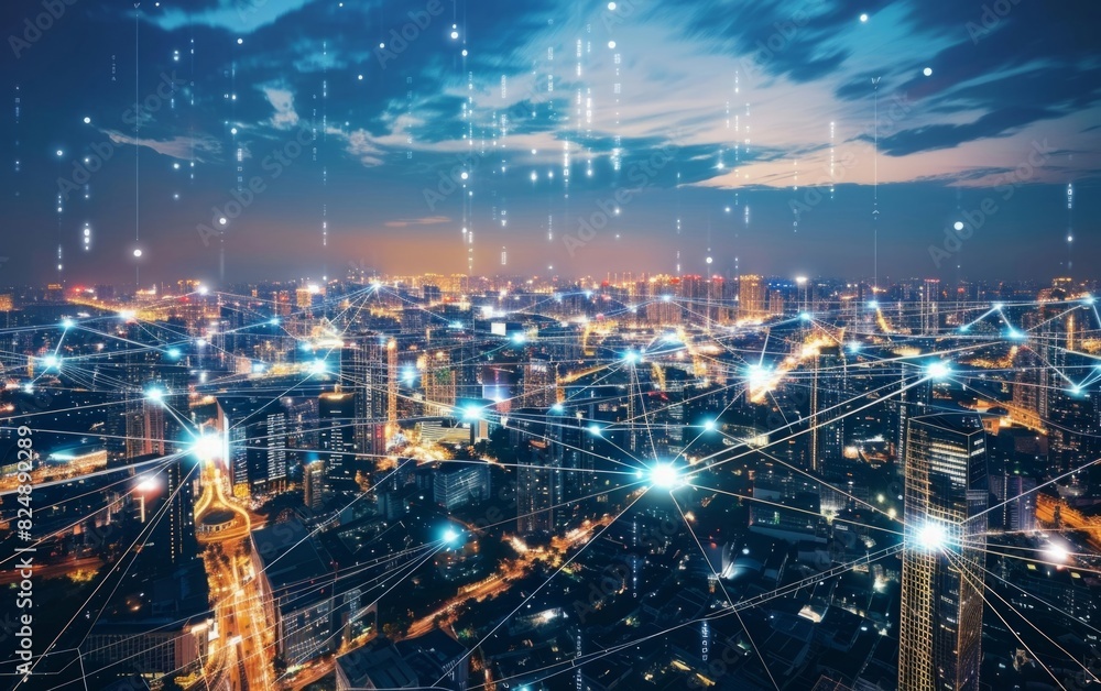 Glowing city lights across continents connected by bright digital networks.