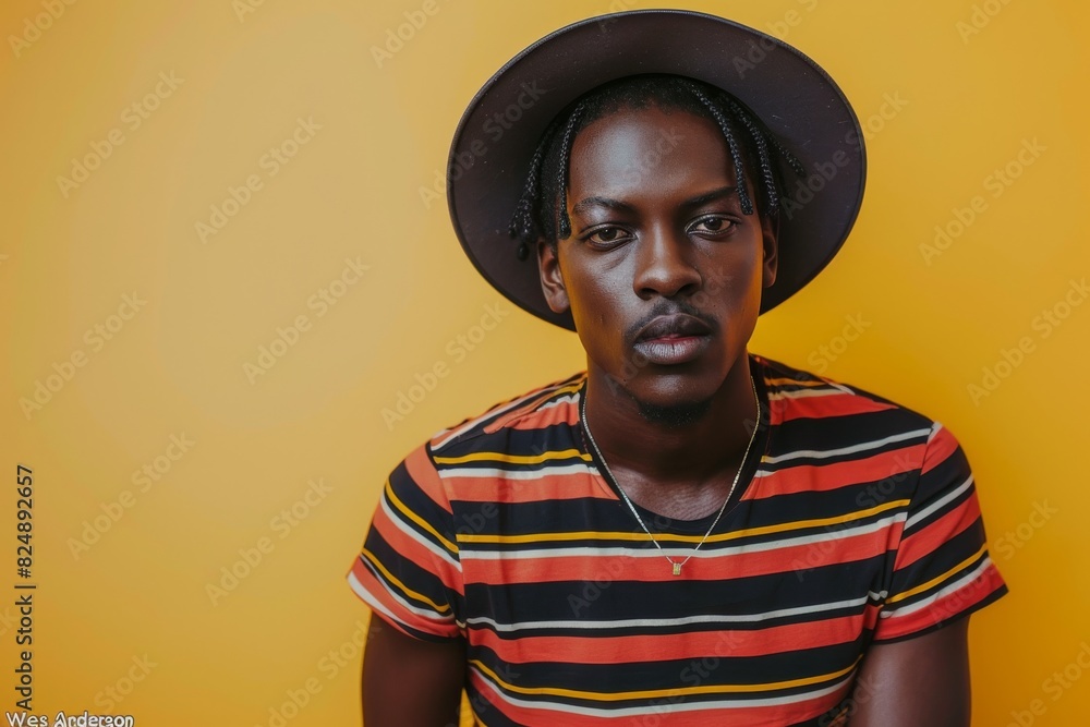 Portrait of an attractive black man in a striped shirt and hat against a yellow background Portrait of an attractive black man in a striped shirt and hat against a yellow background