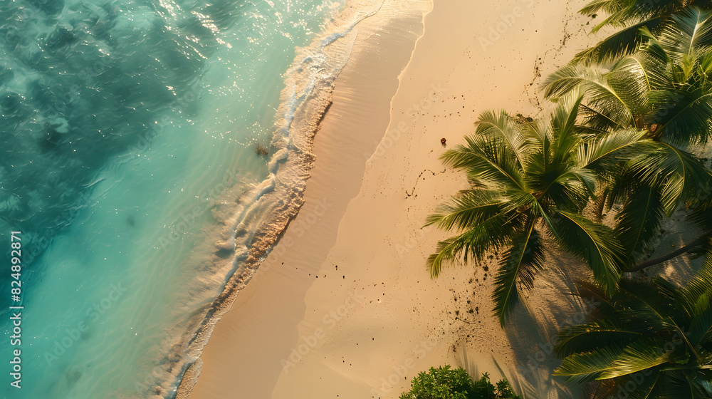 The guy lies on a sandy beach on a tropical island. Drone view 