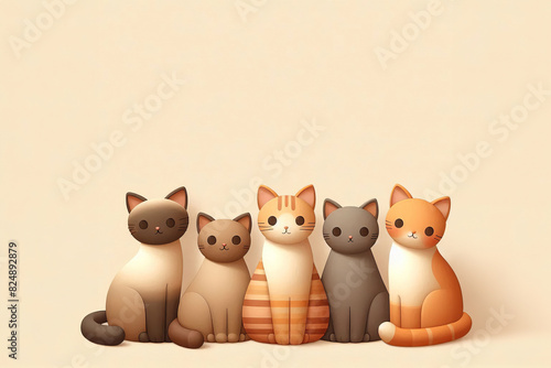 a Siamese cat, a tabby cat in center, orange cat, brown cat, a cream-colored cat