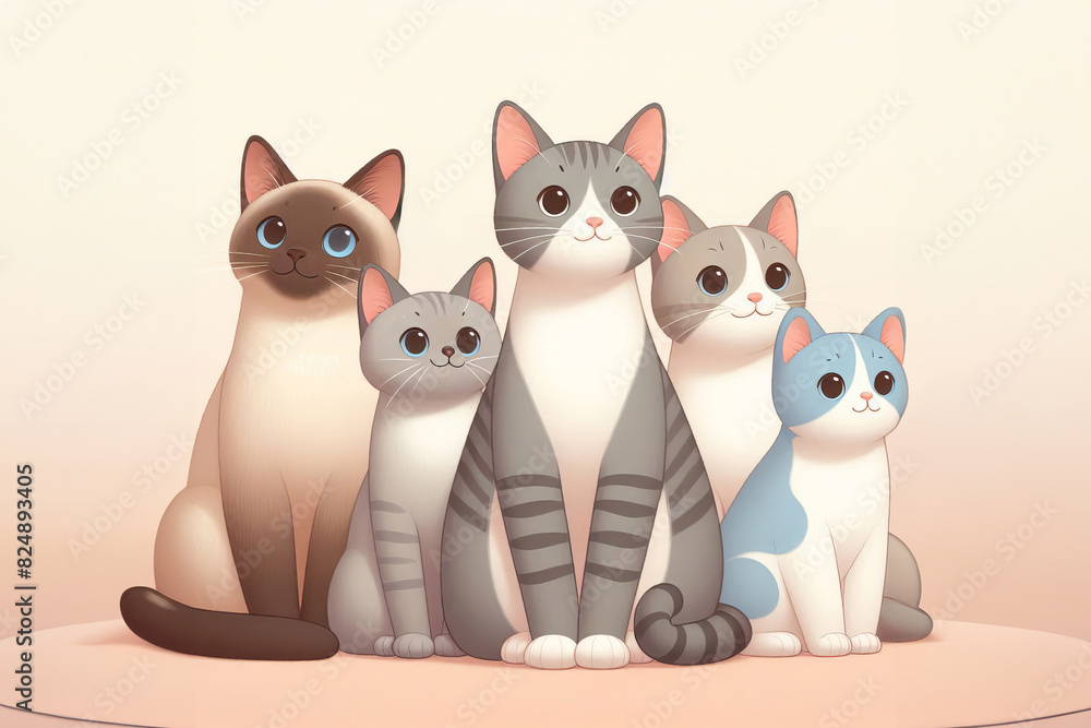 playful group of five cats sitting together, Siamese cat on the left, tabby in the center, followed by an blue cat, a grey cat, a white cat on the right playful group of five cats sitting together, Siamese cat on the left, tabby in the center, followed by an blue cat, a grey cat, a white cat on the right