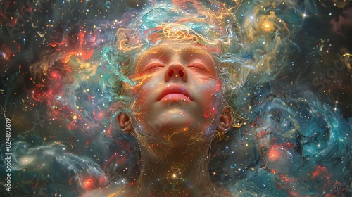 woman's face surrounded by an aura of colorful energy