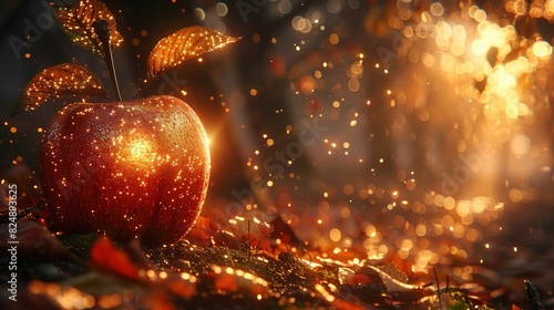  A red apple atop a pile of leaves on golden-covered ground