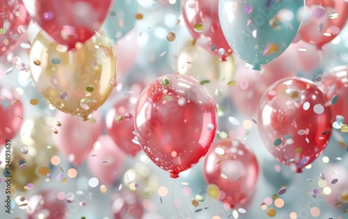 Hanging festive balloons in a shimmering, confetti-filled ambiance.