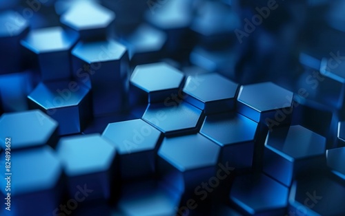 Hexagonal shapes in blue gradient forming a digital pattern on a dark background.