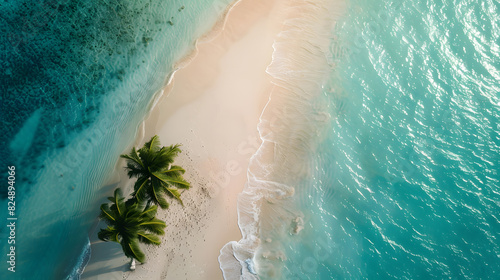 The guy lies on a sandy beach on a tropical island. Drone view  © Jing