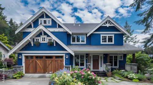 Craft man house exterior with periwinkle blue walls and white accents