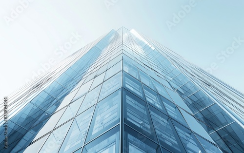 Low-angle view of modern glass skyscraper under a clear sky.