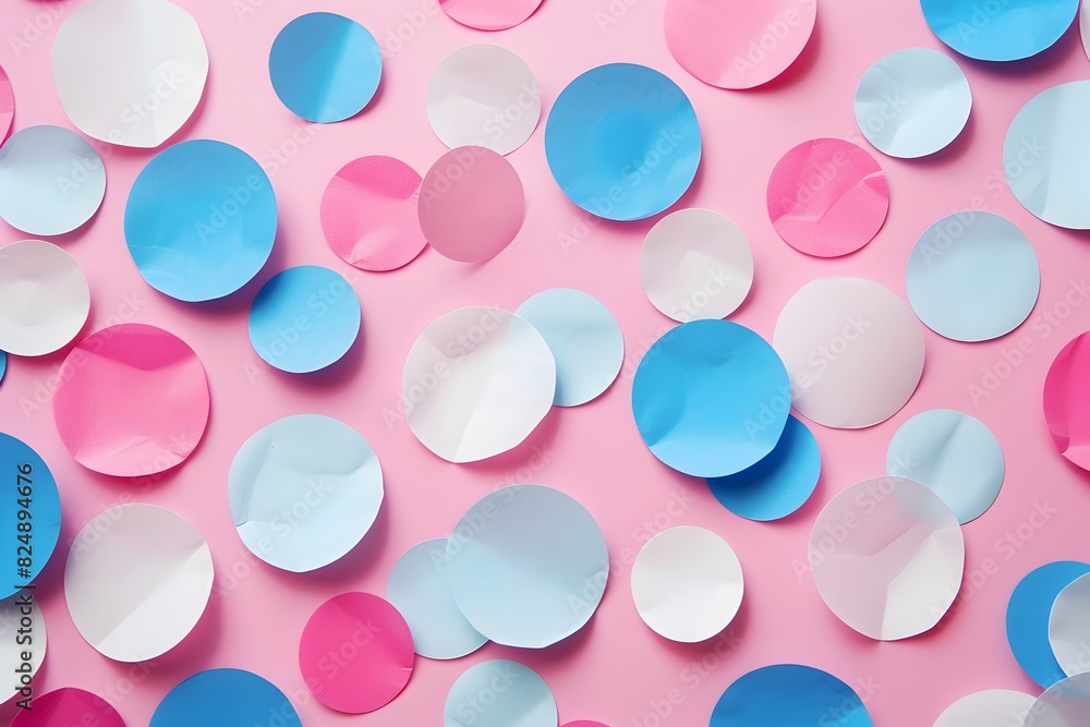 Colorful pastel background with many round paper dots in pink, blue and white colors
Colorful pastel background with many round paper dots in pink, blue and white colors