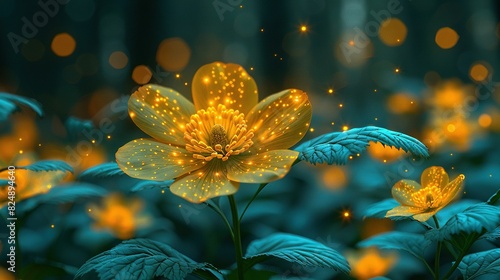  A close-up of a yellow flower surrounded by blue blooms and illuminated center petals