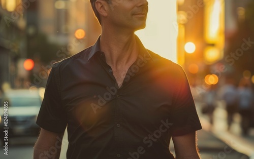 Man in black shirt on a city street at sunset.