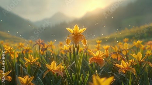   A meadow brimming with golden blooms beneath a cloudy sky, where the sun pierces the mountainous backdrop photo