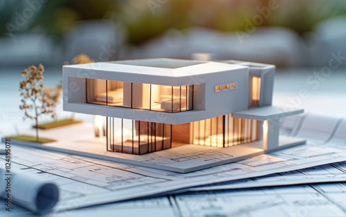 Miniature architectural model of a modern house displayed on blueprints.