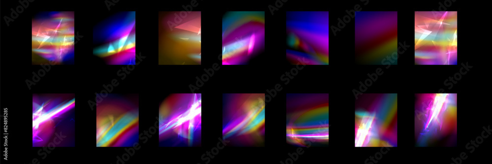 Crystal light glasses effect sparkle prism glare reflection effect. Banner optical rainbow lights, glare, leak, streak overlay. falling confetti.