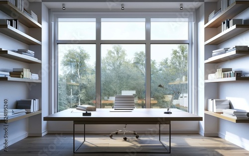Minimalist home office with large windows  sleek desk  and floating shelves.