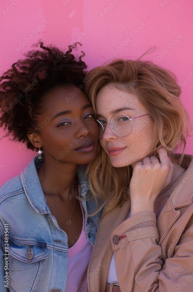 A photo of two women in love embracing against a pink background A photo of two women in love embracing against a pink background