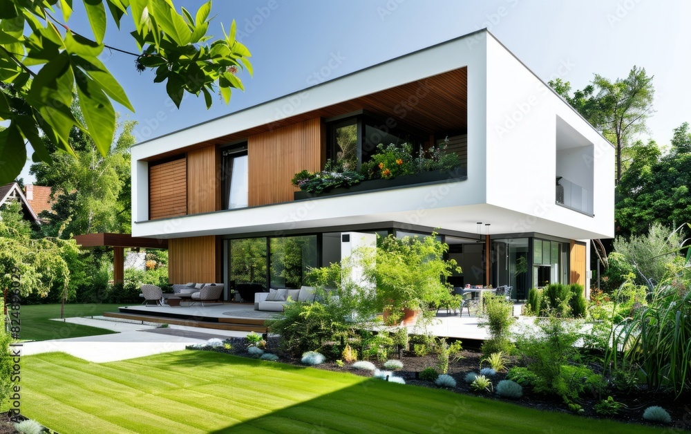 Modern house with white and wooden facades, lush green garden.