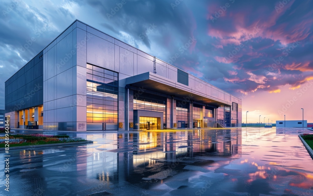 Modern industrial warehouse with reflective wet pavement at sunset.