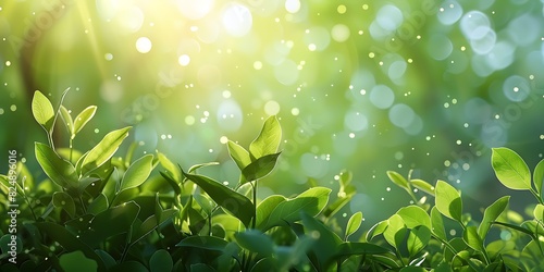 Morning dew on verdant leaves with a backdrop of gentle sunlight bokeh