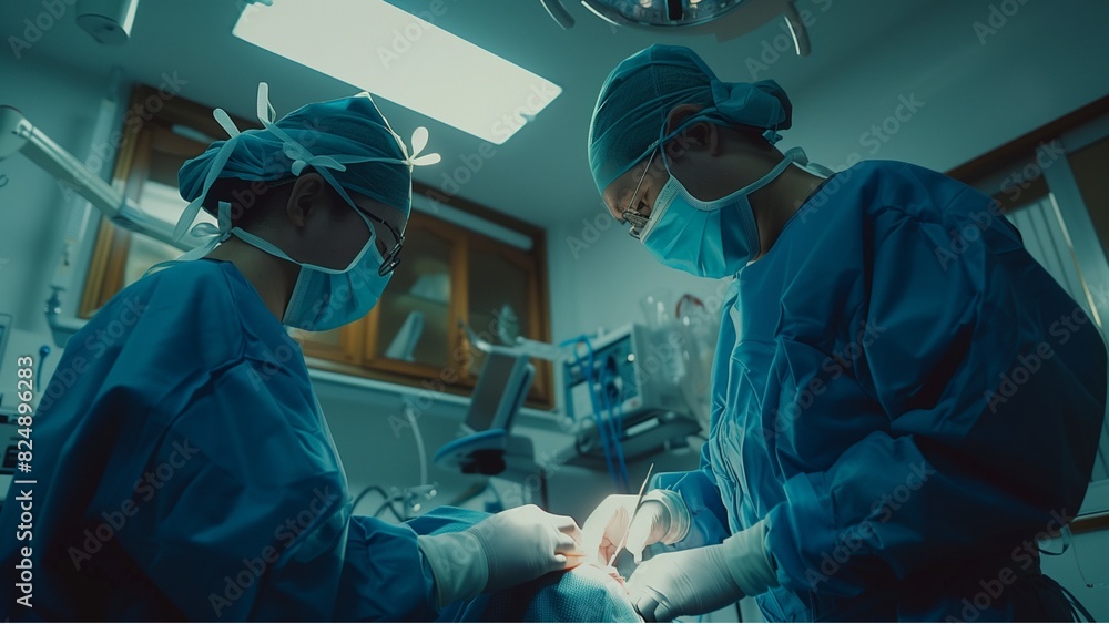 a surgical scene where two individuals in blue scrubs and surgical caps are focused on performing a procedure a surgical scene where two individuals in blue scrubs and surgical caps are focused on performing a procedure