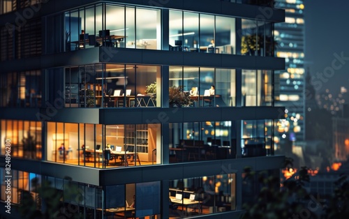 Modern office building at night, brightly lit windows reveal bustling workspaces.