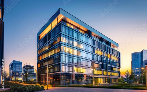 Modern office building facade lit up at dusk, visible interior spaces.