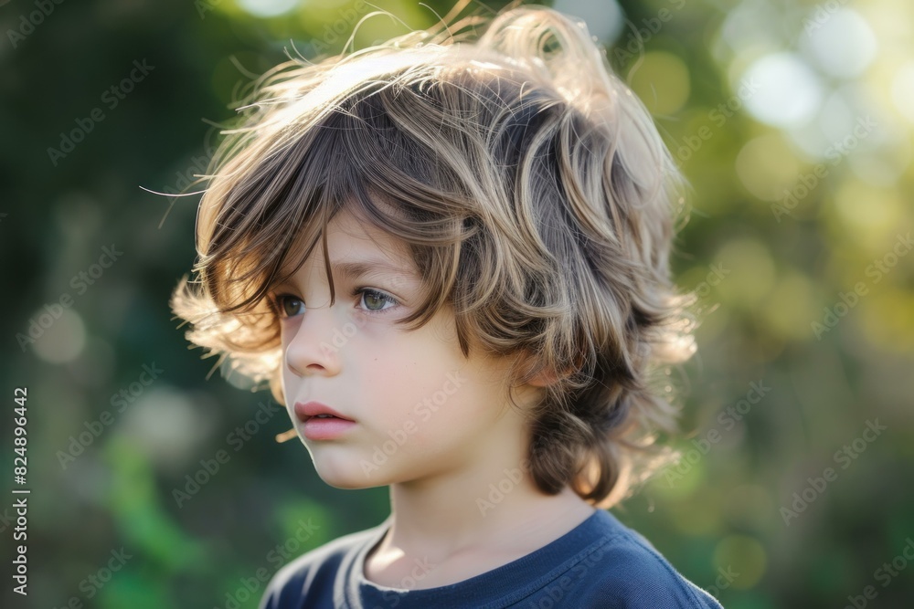 Close-up of a thoughtful young boy outdoors with golden sunlight filtering through his hair Close-up of a thoughtful young boy outdoors with golden sunlight filtering through his hair