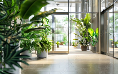 Modern office lobby with glass doors and lush indoor plants. © OLGA