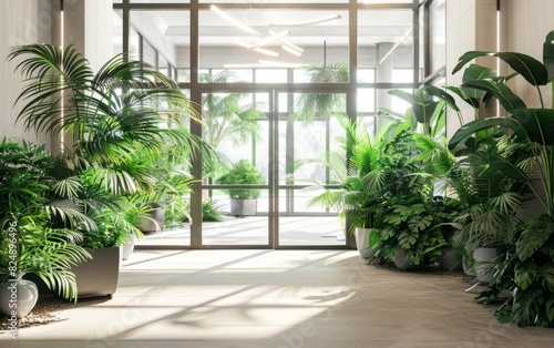 Modern office lobby with glass doors and lush indoor plants.