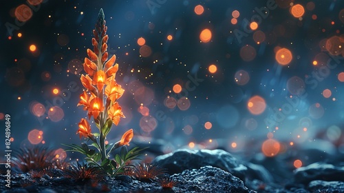   A macro of a blossom atop a boulder by water's edge, surrounded by bright backdrops photo