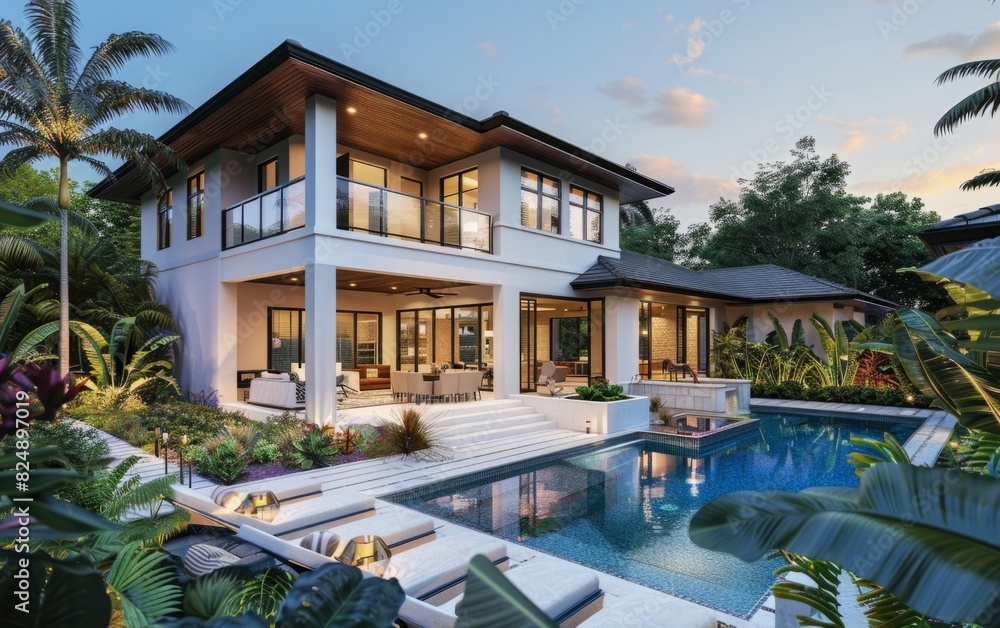 Modern two-story home with pool and lush garden.