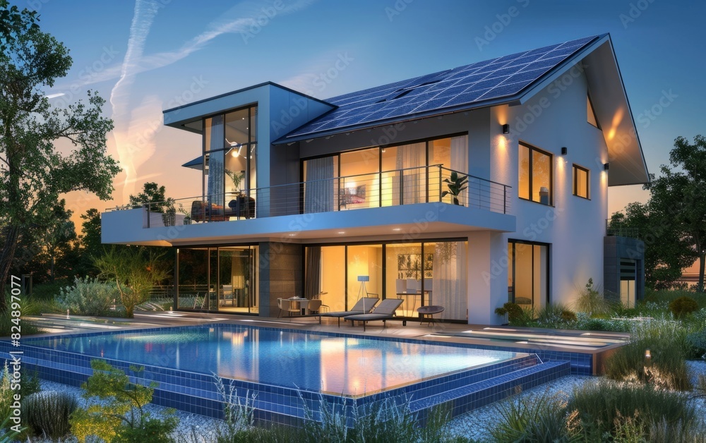 Modern two-story house with solar panels and pool at dusk.