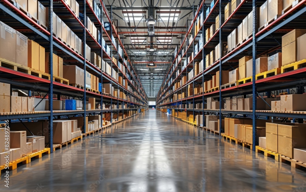 Modern warehouse interior with rows of shelves filled with boxes.