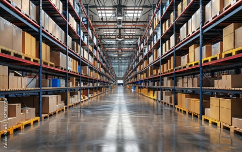 Modern warehouse interior with rows of shelves filled with boxes. © OLGA