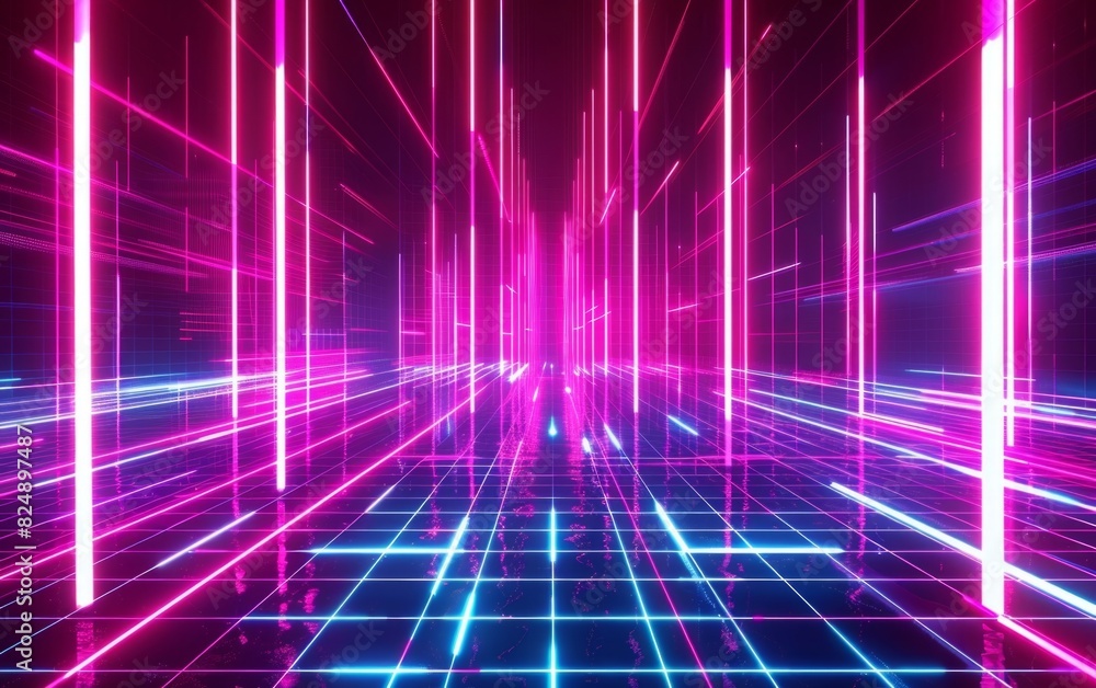 Neon grid landscape with vibrant, towering light beams.