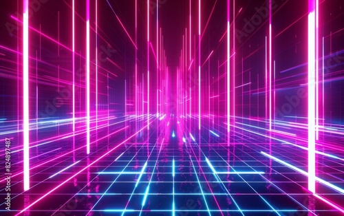 Neon grid landscape with vibrant  towering light beams.