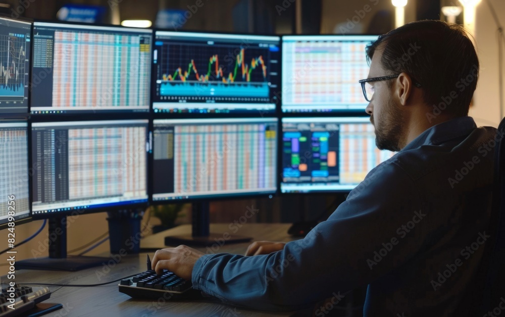 Professional analyzing financial data on multiple computer screens.