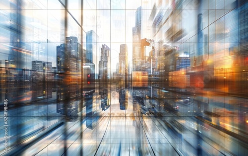 Reflective glass facade showing a distorted urban skyline.