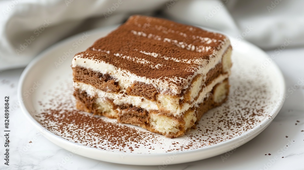 Tiramisu, traditional Italian dessert on a white plate . Generative Ai