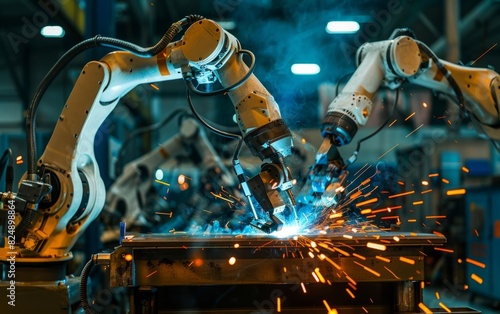 Robotic arms welding in a high-tech automated industrial assembly line.